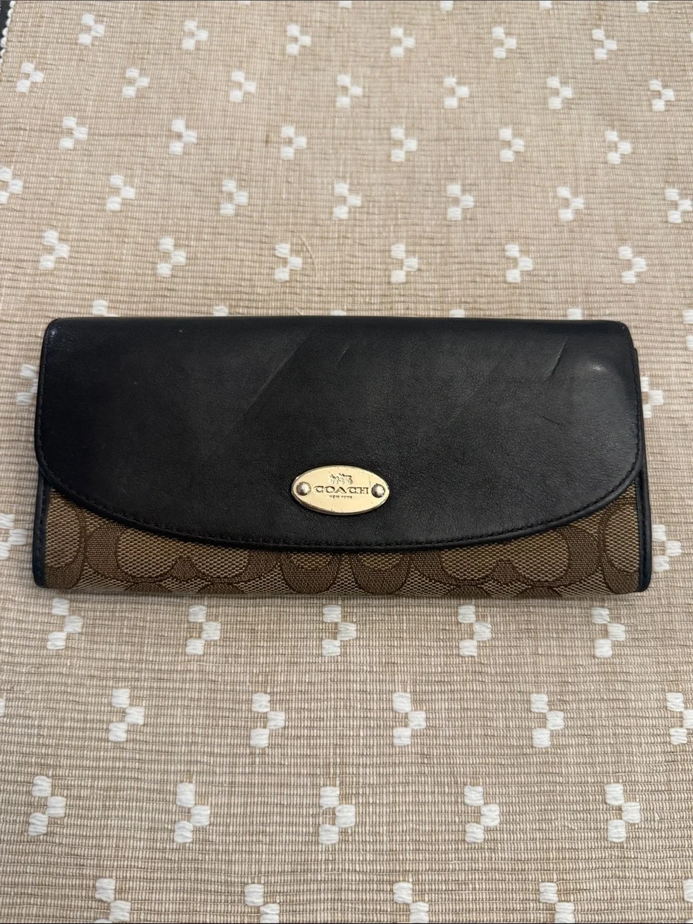 Coach Signature Canvas Slim‎ Envelope Wallet Black Brown Leather Gold Logo OS